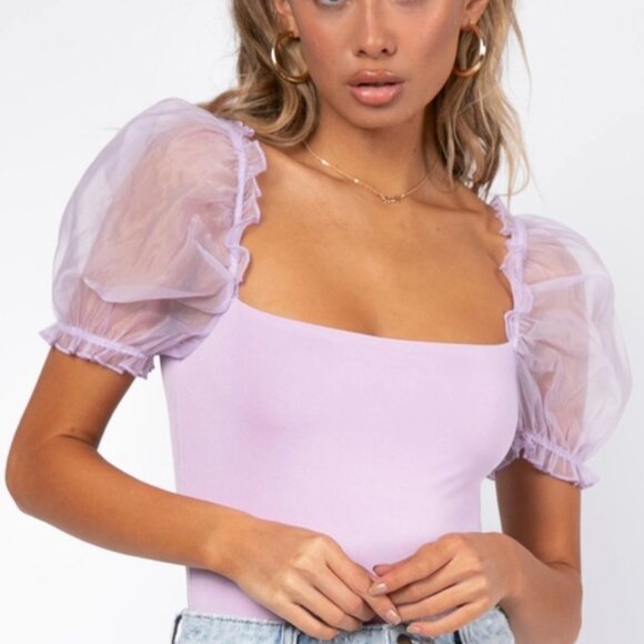 PRINCESS POLLY Girl In Love Bodysuit in Lilac Pastel Feminine Puff Sleeve Fairy - Picture 2 of 14